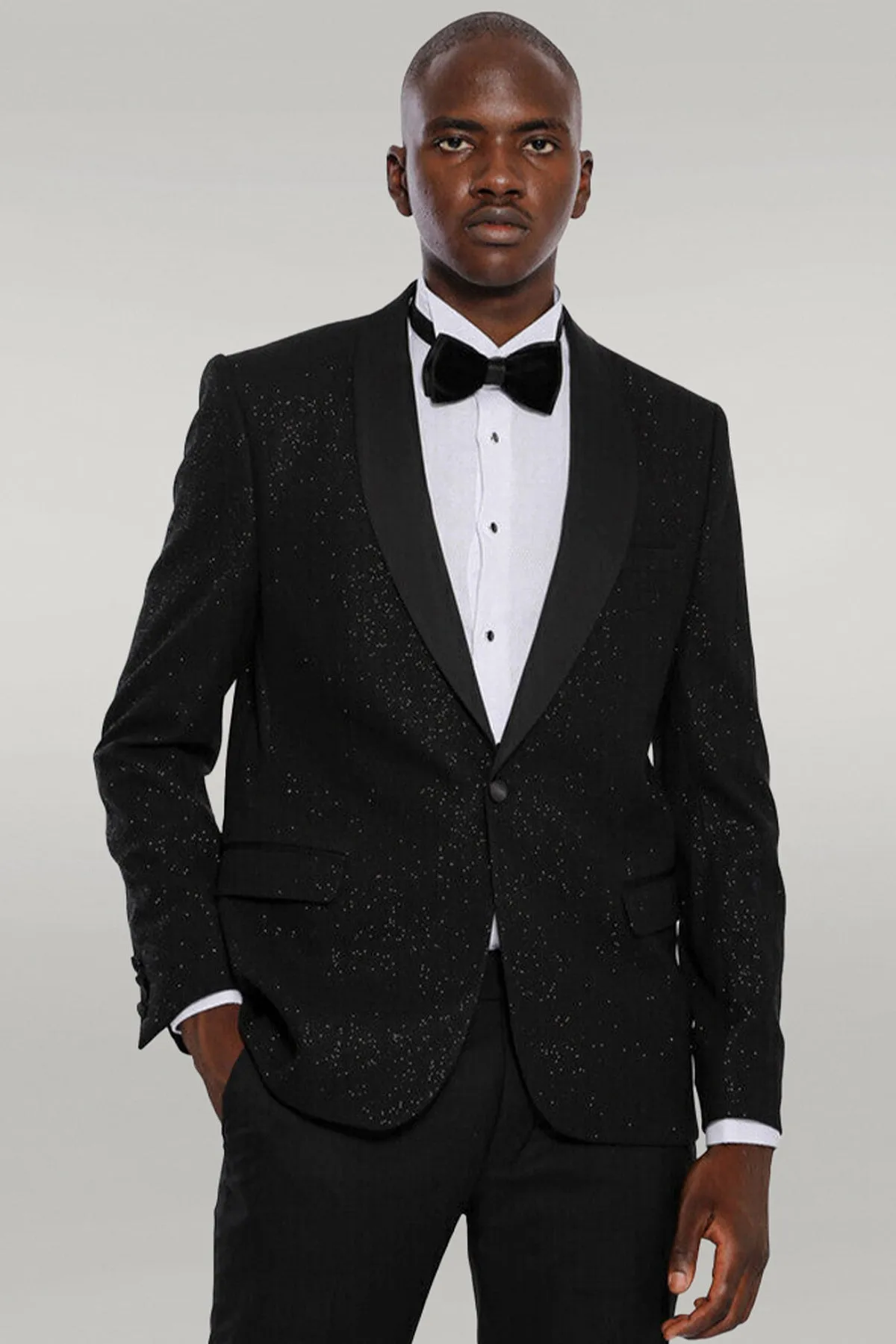 Black Glittery Shawl Lapel Tuxedo with Matching Pants & Accessories - Formal Evening Look