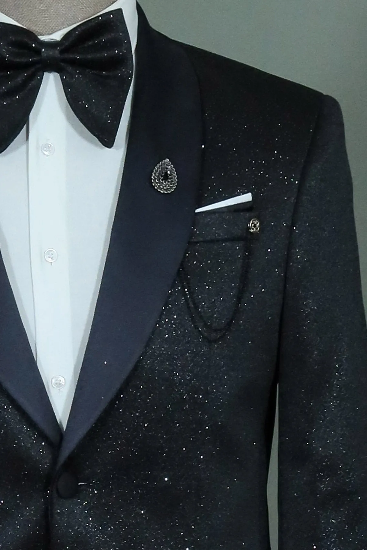 Black Glittery Shawl Lapel Tuxedo with Matching Pants & Accessories - Formal Evening Look