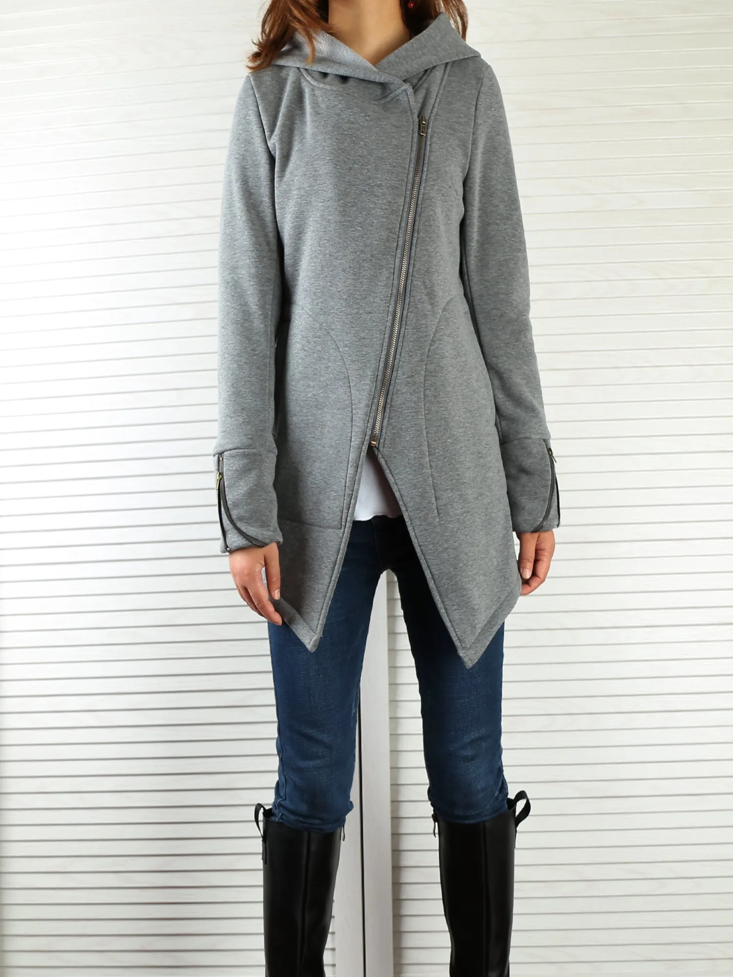 Black Hooded Jacket with Zipper/Women Jacket/Cotton Fleece Cardigan/Hood Fleece Coat(Y3119)