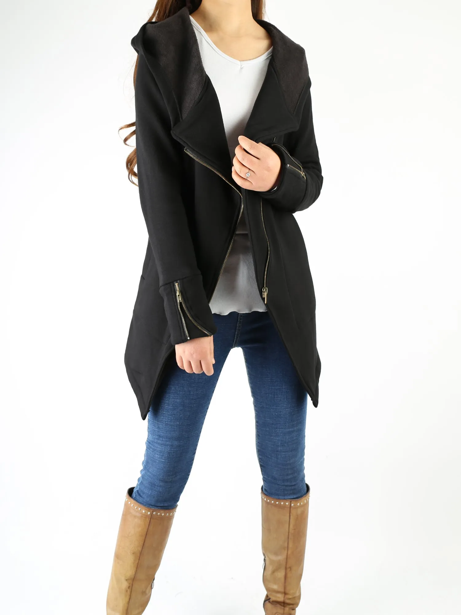 Black Hooded Jacket with Zipper/Women Jacket/Cotton Fleece Cardigan/Hood Fleece Coat(Y3119)