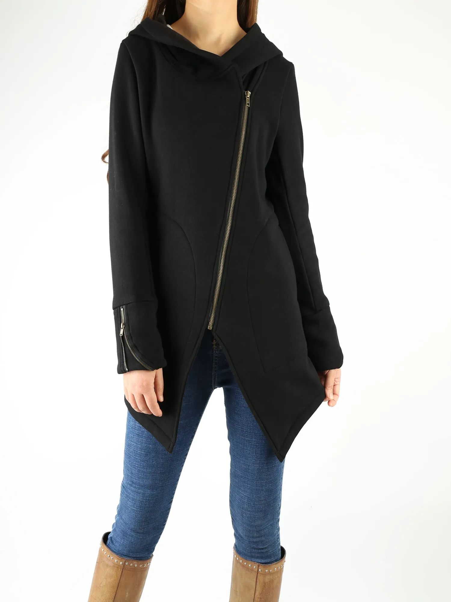 Black Hooded Jacket with Zipper/Women Jacket/Cotton Fleece Cardigan/Hood Fleece Coat(Y3119)