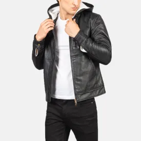 Black Hooded Leather Jacket For Men