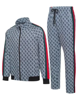 Blue Jeans Men's Tracksuit Jogging 2-Pieces Set Printed Material Red and Green Strips Style No: MTK08