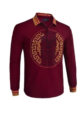 Burgundy Lion Border Men's Long Sleeve Polo Gold stones print design