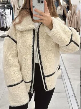 Chicmy-nye outfits Elegant Winter Wool Fur Jacket Women Motorcycle Teddy Long Sleeve Stand Collar Double Faced Coat Female Winter Bike Streetwear