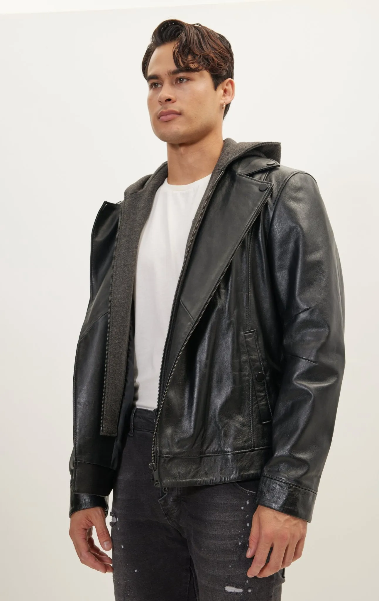 Genuine Leather Jacket With Removable Hood - Black