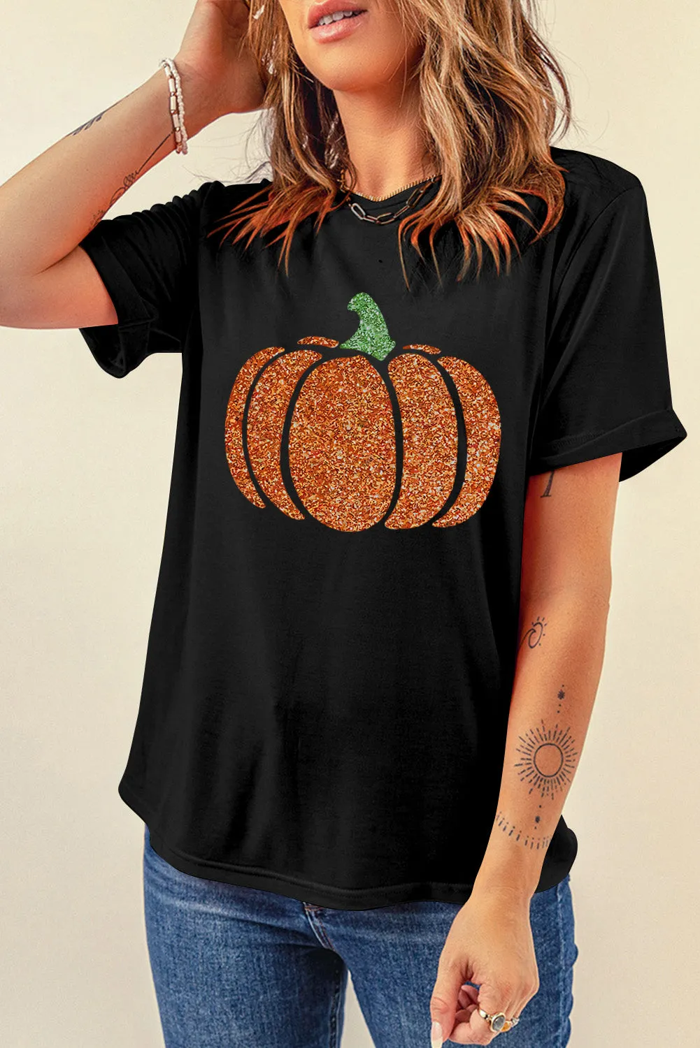 Glitter Encrusted Pumpkin Shirt Sparkling Halloween Festive Glittery Bling Fall Top