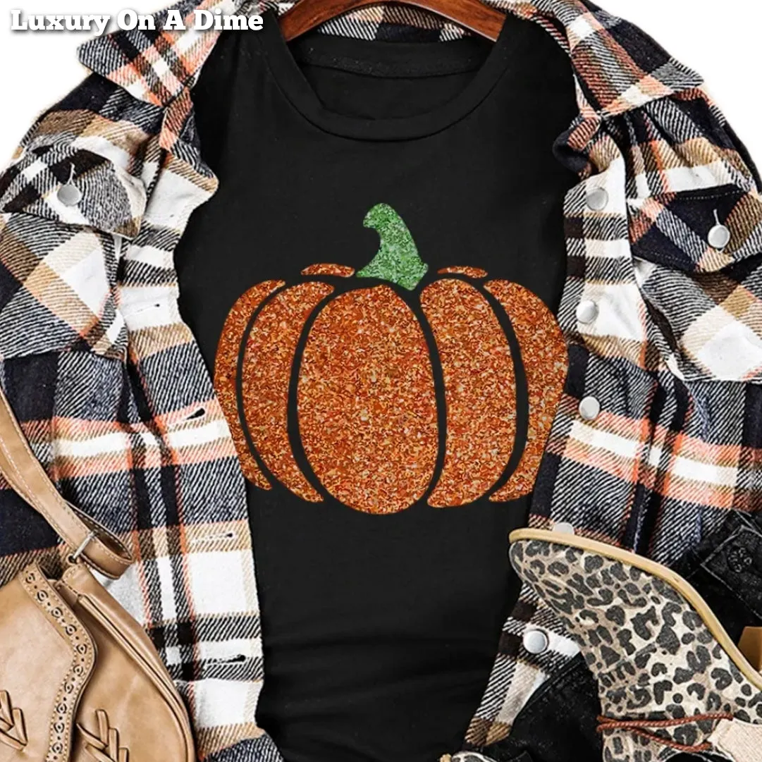 Glitter Encrusted Pumpkin Shirt Sparkling Halloween Festive Glittery Bling Fall Top