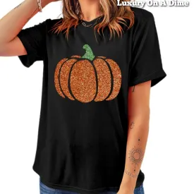 Glitter Encrusted Pumpkin Shirt Sparkling Halloween Festive Glittery Bling Fall Top