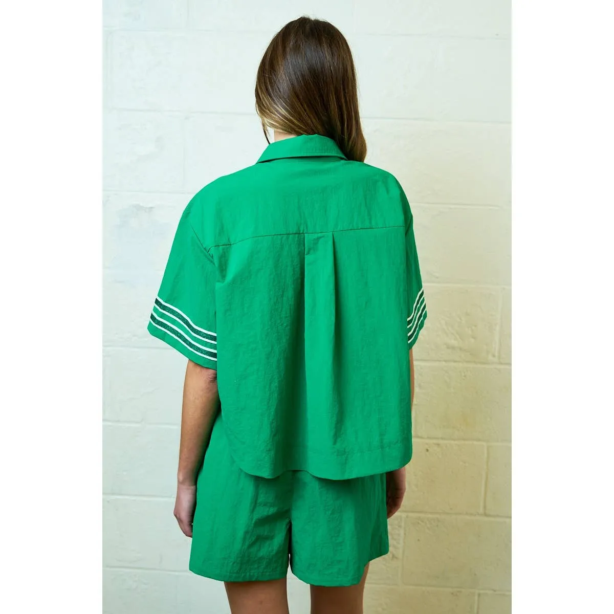 Green Glitter Striped Sleeve Polo Shirt