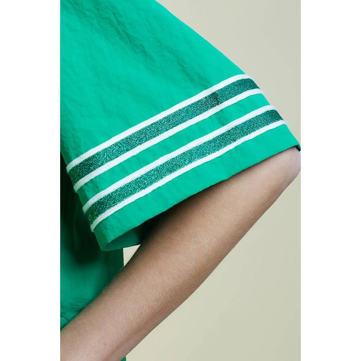 Green Glitter Striped Sleeve Polo Shirt