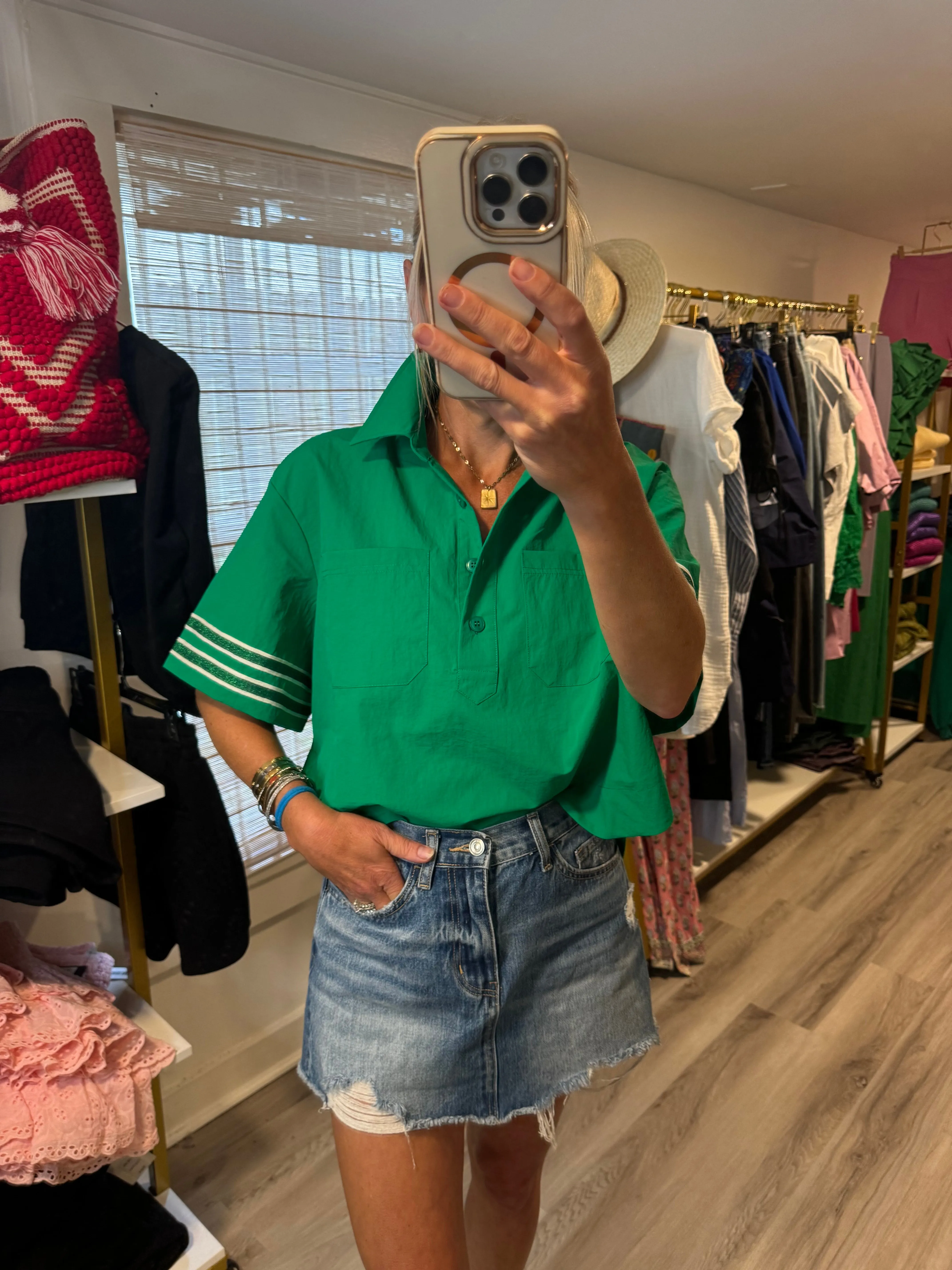 Green Glitter Striped Sleeve Polo Shirt