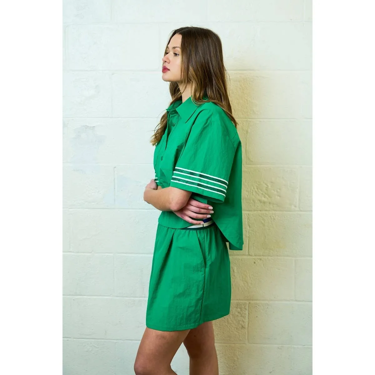 Green Glitter Striped Sleeve Polo Shirt