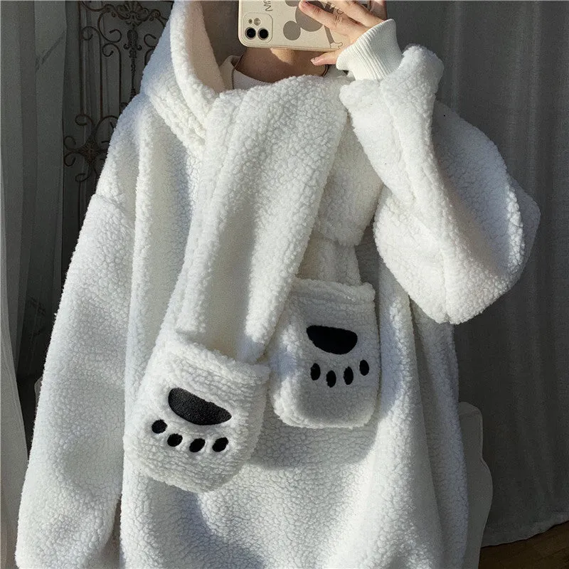 Kawaii 2 pc scarf teddy sweatshirt set cute warm sweater bear ear scarf hat lamb wool plush for winter loose fit coat for boys n girls