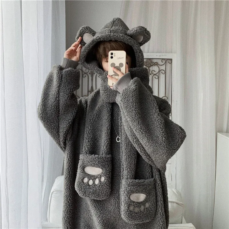 Kawaii 2 pc scarf teddy sweatshirt set cute warm sweater bear ear scarf hat lamb wool plush for winter loose fit coat for boys n girls