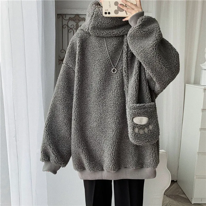 Kawaii 2 pc scarf teddy sweatshirt set cute warm sweater bear ear scarf hat lamb wool plush for winter loose fit coat for boys n girls