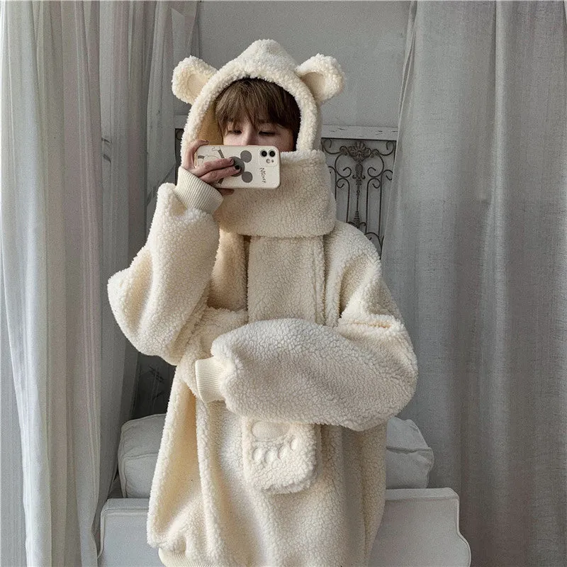 Kawaii 2 pc scarf teddy sweatshirt set cute warm sweater bear ear scarf hat lamb wool plush for winter loose fit coat for boys n girls