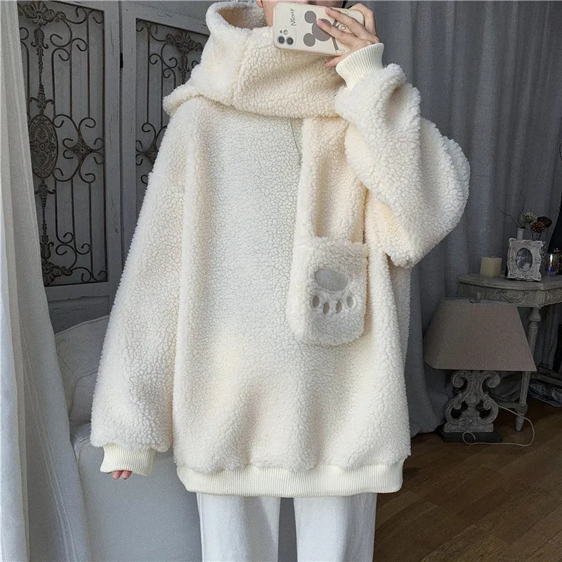 Kawaii 2 pc scarf teddy sweatshirt set cute warm sweater bear ear scarf hat lamb wool plush for winter loose fit coat for boys n girls