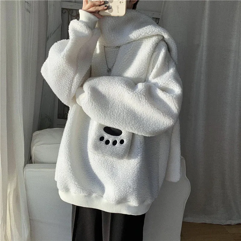 Kawaii 2 pc scarf teddy sweatshirt set cute warm sweater bear ear scarf hat lamb wool plush for winter loose fit coat for boys n girls