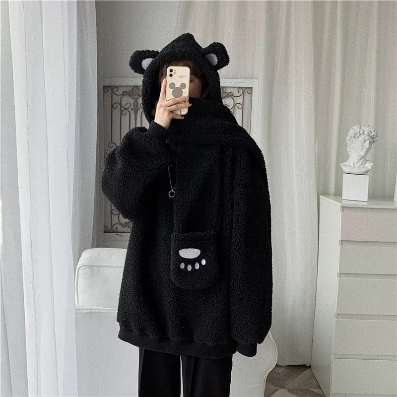 Kawaii 2 pc scarf teddy sweatshirt set cute warm sweater bear ear scarf hat lamb wool plush for winter loose fit coat for boys n girls