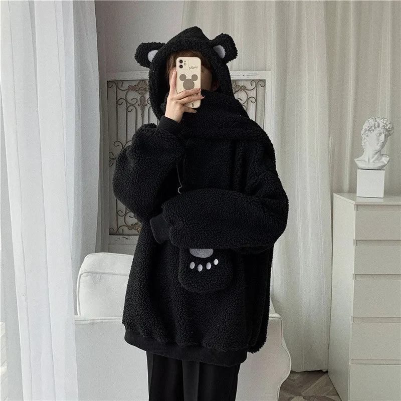 Kawaii 2 pc scarf teddy sweatshirt set cute warm sweater bear ear scarf hat lamb wool plush for winter loose fit coat for boys n girls