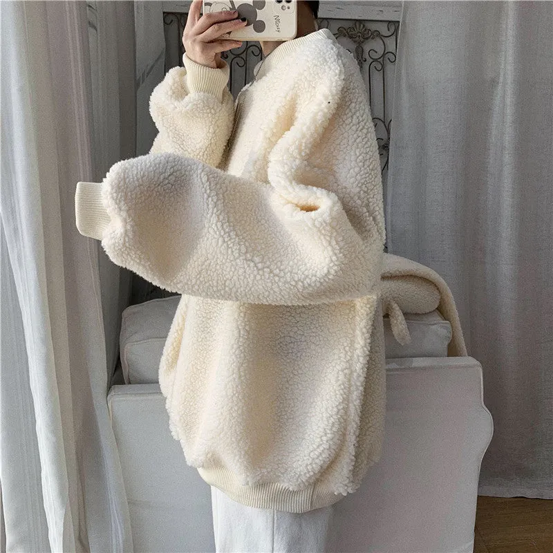 Kawaii 2 pc scarf teddy sweatshirt set cute warm sweater bear ear scarf hat lamb wool plush for winter loose fit coat for boys n girls