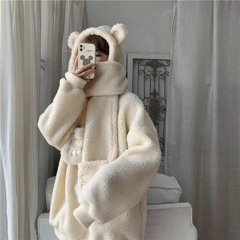 Kawaii 2 pc scarf teddy sweatshirt set cute warm sweater bear ear scarf hat lamb wool plush for winter loose fit coat for boys n girls