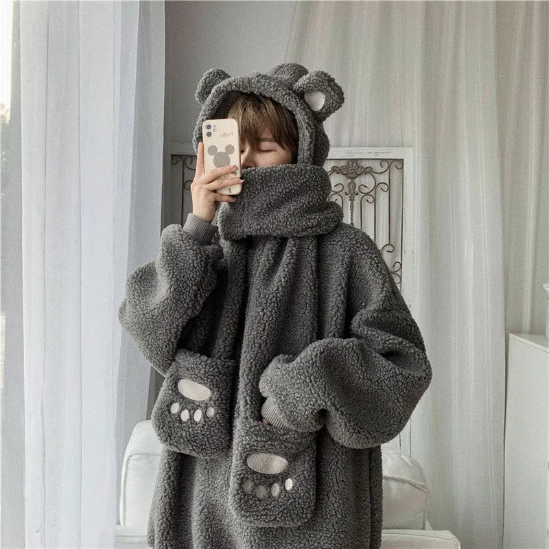 Kawaii 2 pc scarf teddy sweatshirt set cute warm sweater bear ear scarf hat lamb wool plush for winter loose fit coat for boys n girls