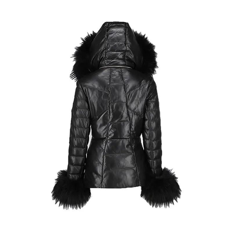 Mardi Gras Womens Fur Hooded Leather Jacket