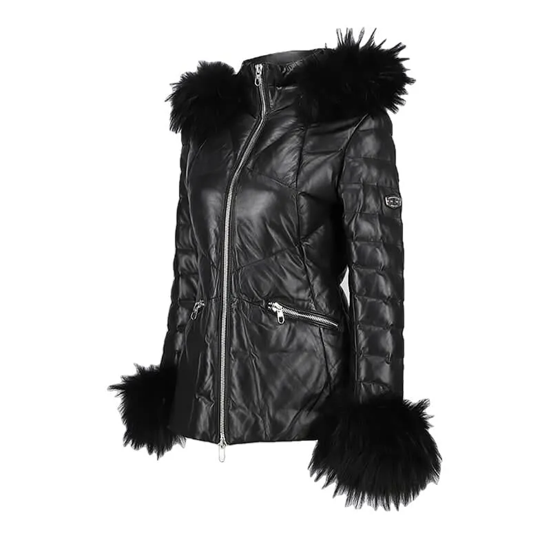 Mardi Gras Womens Fur Hooded Leather Jacket