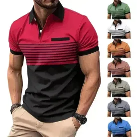 Men's Casual Striped polo T-Shirt With  fake Chest Pocket