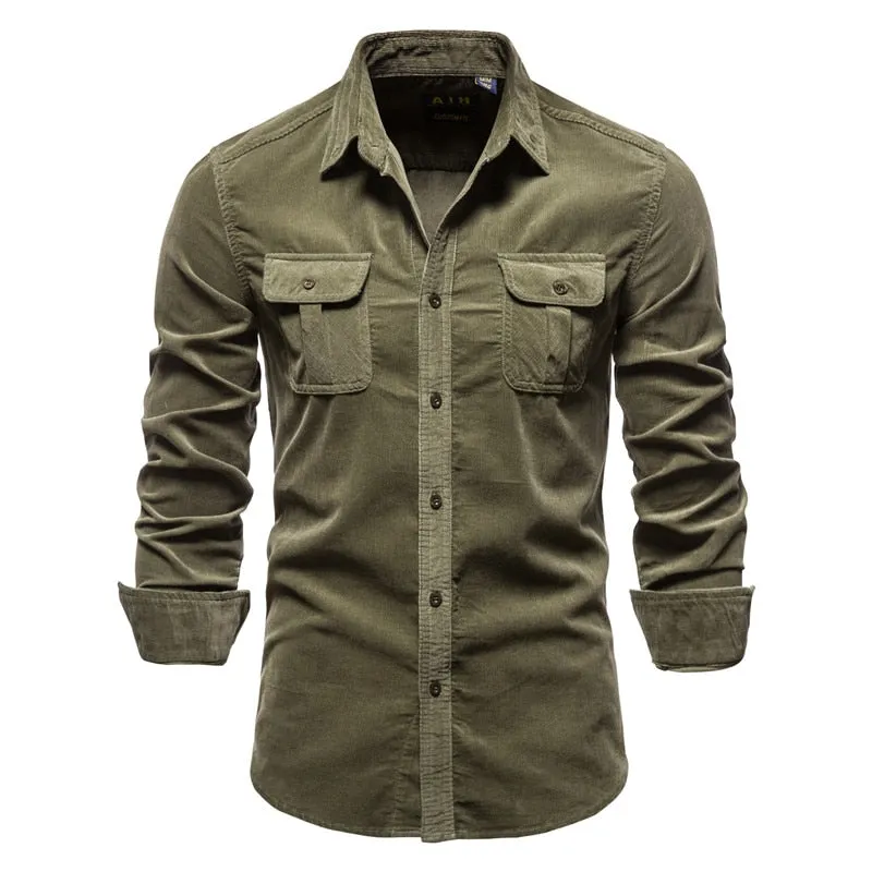 Men's Corduroy Long Sleeve Shirt Cotton Casual Tactical Workwear Ropa Hombre