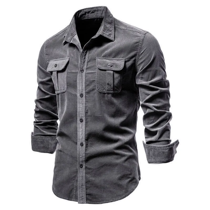 Men's Corduroy Long Sleeve Shirt Cotton Casual Tactical Workwear Ropa Hombre