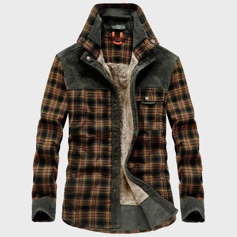 Men's Fleece-lined Thickened Long-sleeved Plaid Shirt