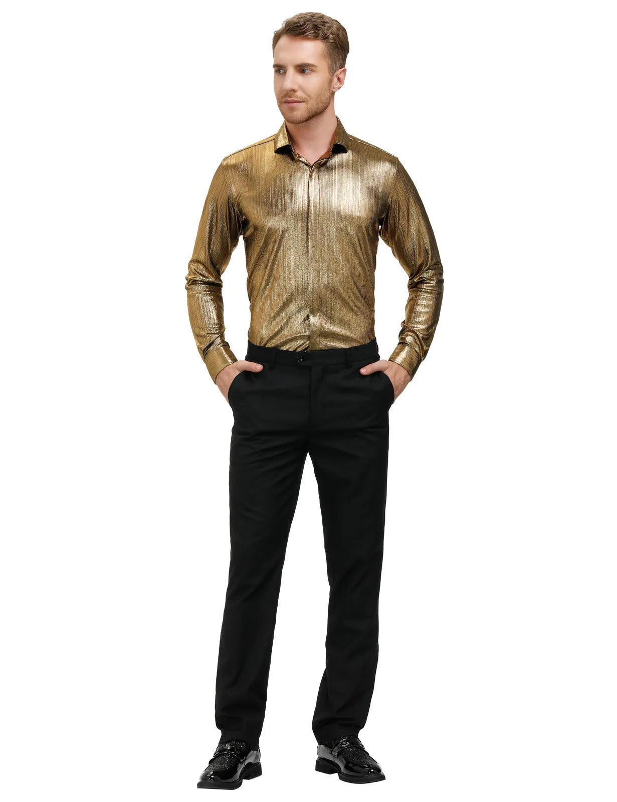 Mens Metallic Dress Shirts Long Sleeve Button Down 70s Disco Cardigans Shirt Party Costume