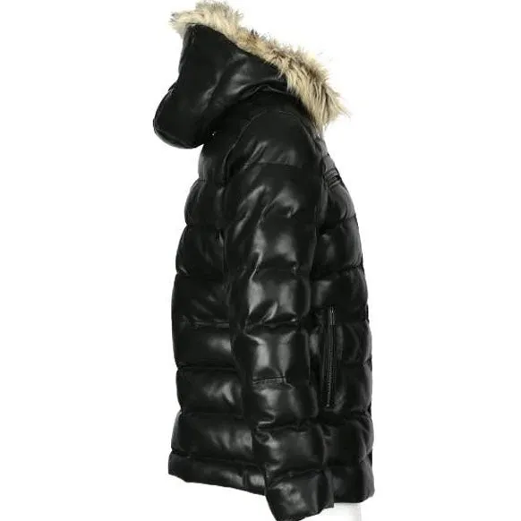 Mens Puffer Leather Jacket In Black With Fur Hoodie