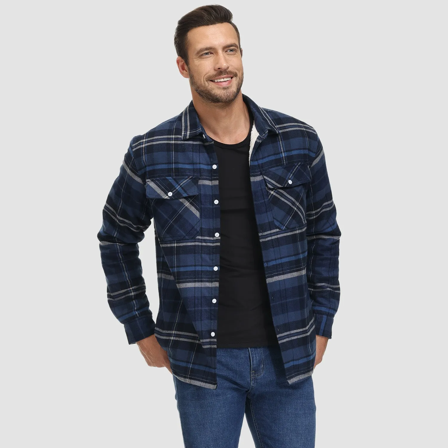 Men's Sherpa Shirt Fleece Lined Flannel Shirt Jacket with 3 Pockets Casual Plaid Button Down Winter Coat