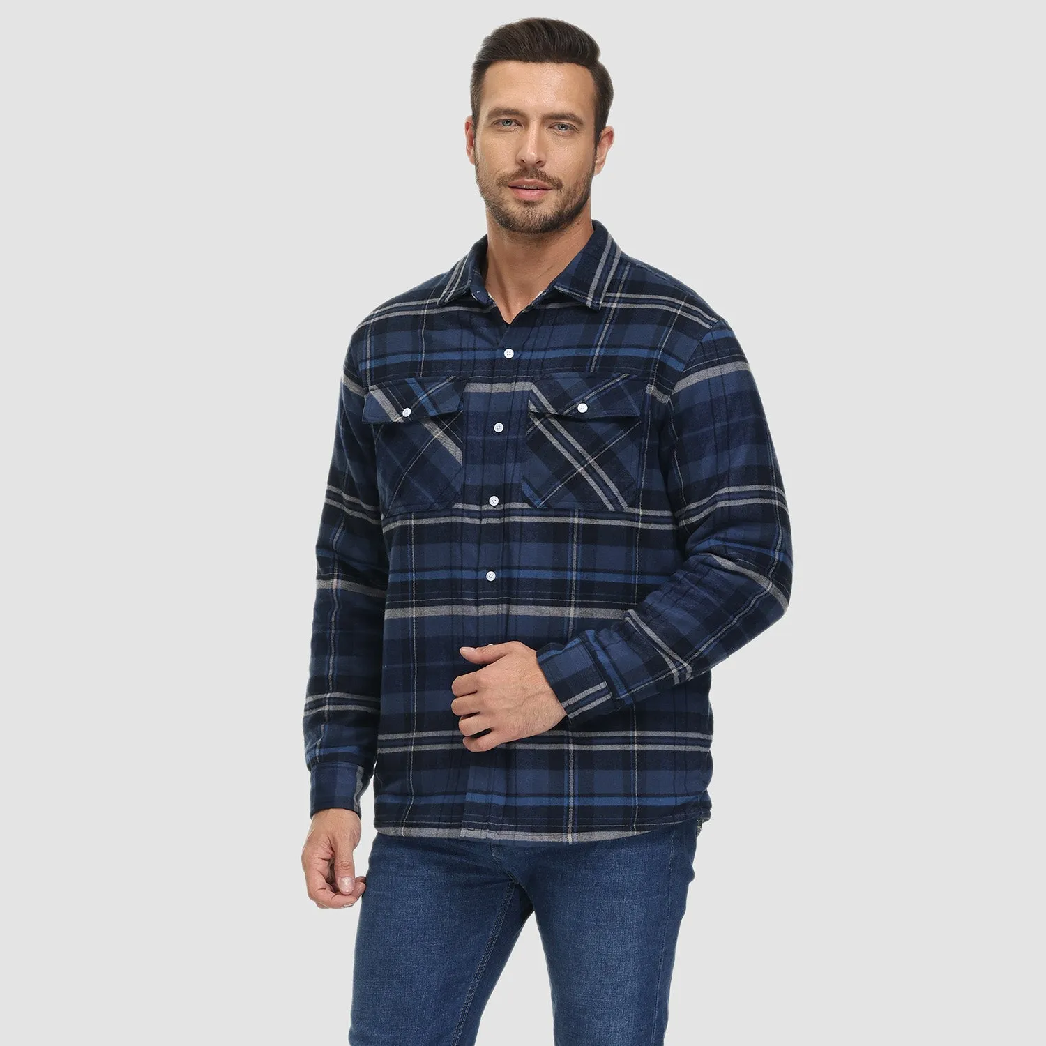 Men's Sherpa Shirt Fleece Lined Flannel Shirt Jacket with 3 Pockets Casual Plaid Button Down Winter Coat