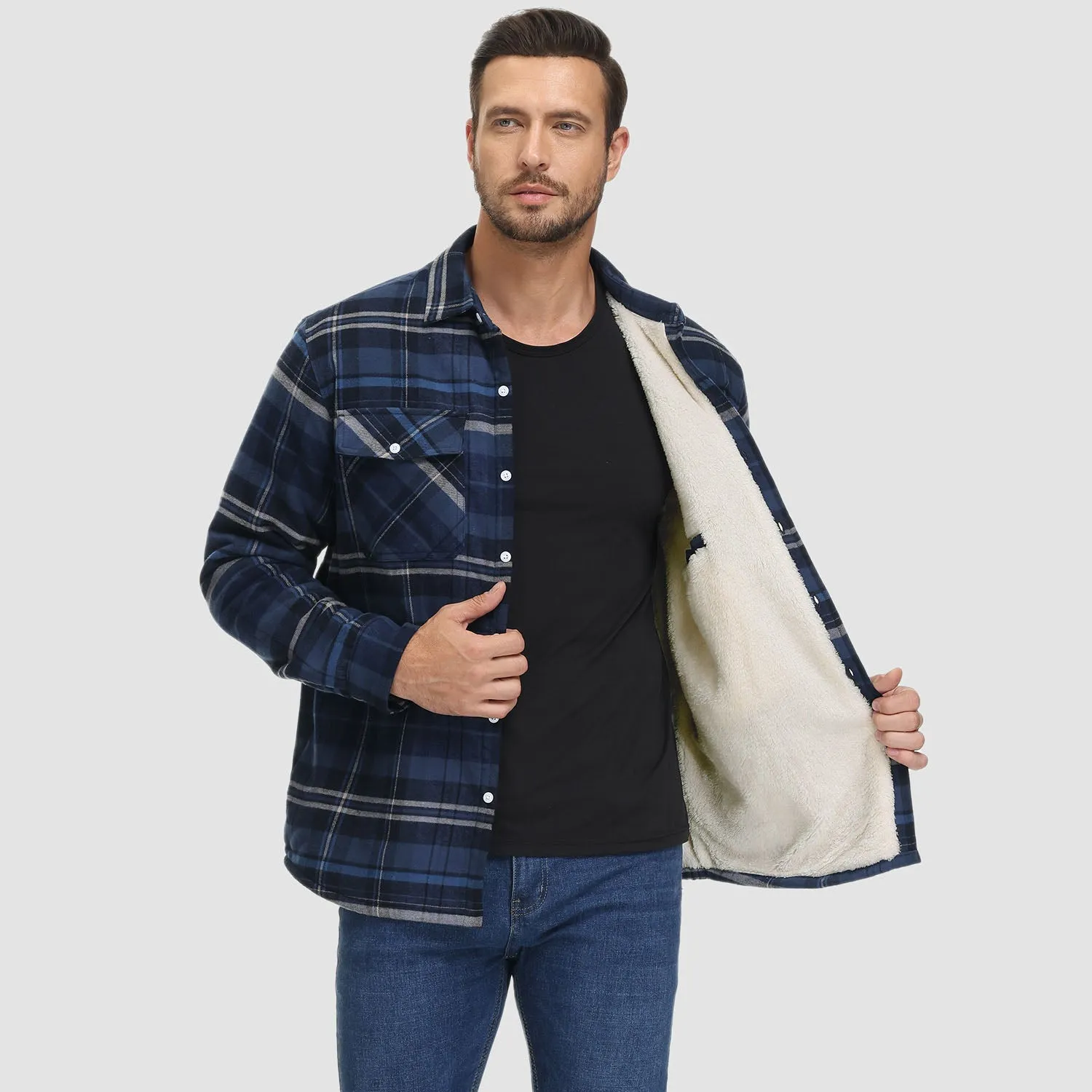 Men's Sherpa Shirt Fleece Lined Flannel Shirt Jacket with 3 Pockets Casual Plaid Button Down Winter Coat