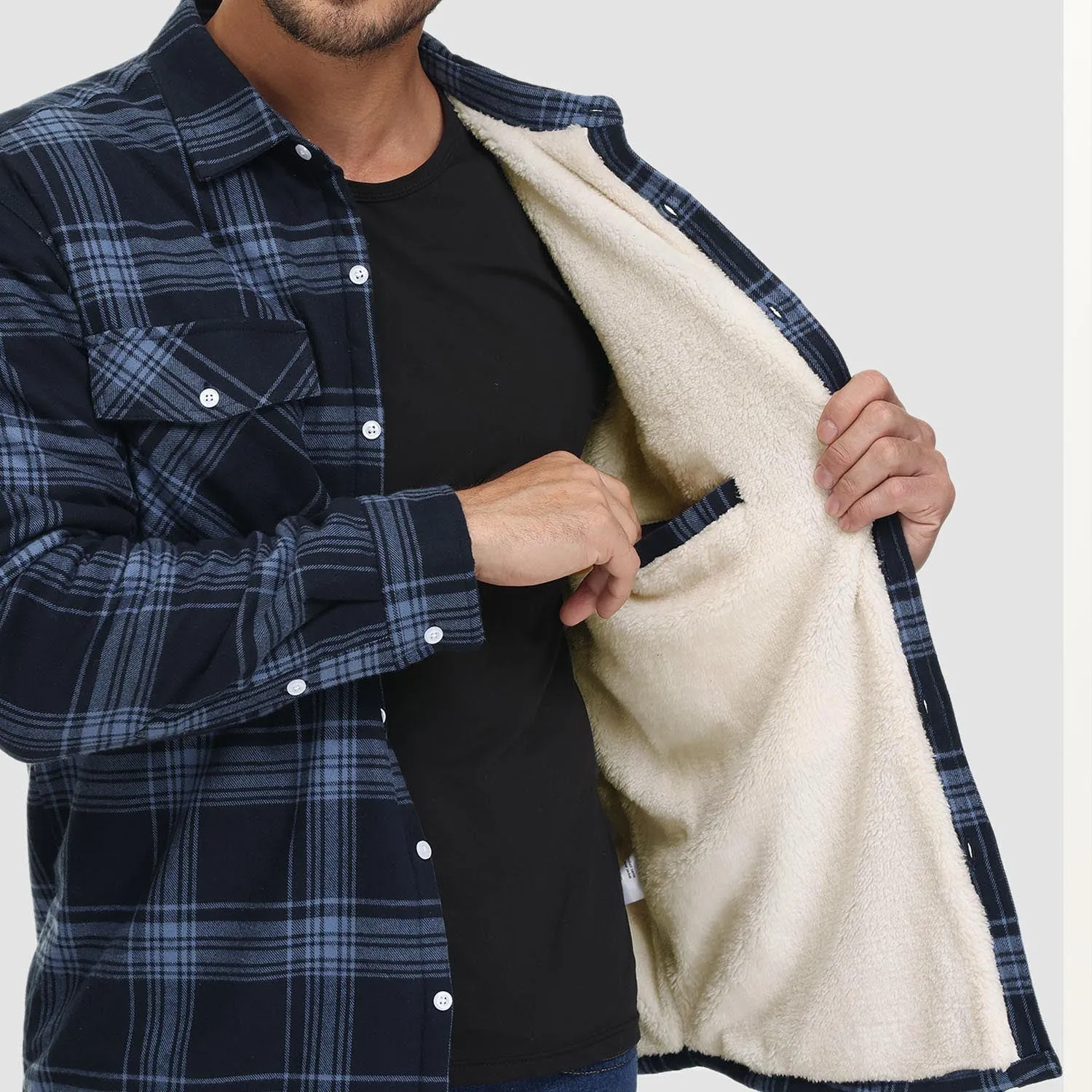 Men's Sherpa Shirt Fleece Lined Flannel Shirt Jacket with 3 Pockets Casual Plaid Button Down Winter Coat