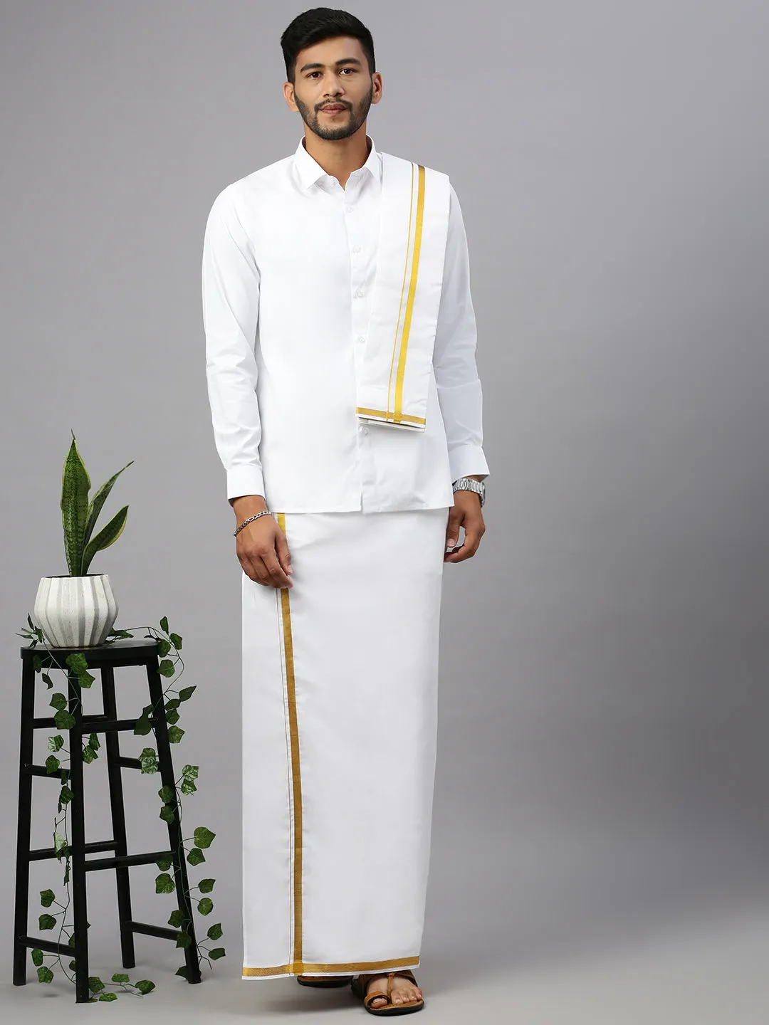 Mens Wedding Set White Regular 3/4" Gold Jari Dhoti, Shirt & Towel