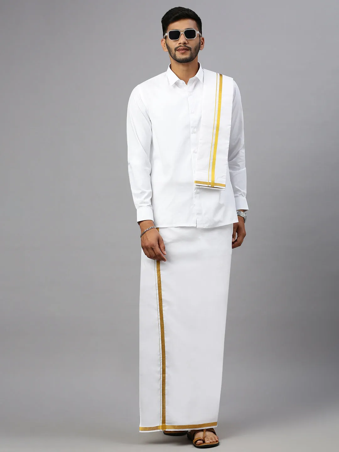 Mens Wedding Set White Regular 3/4" Gold Jari Dhoti, Shirt & Towel