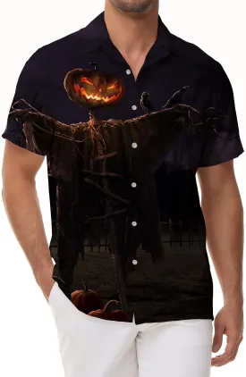 Monster Fun Pumpkin Mens Hawaiian Shirt Halloween Casual Short Sleeve Button Men Shirt Beach Vacation Summer Shirt