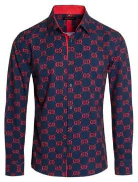 Navy Blue and Red GG Men's Fashion Design Long Sleeve Shirt