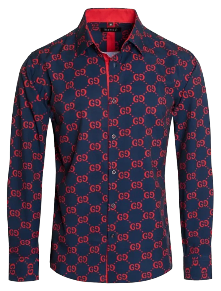 Navy Blue and Red GG Men's Fashion Design Long Sleeve Shirt