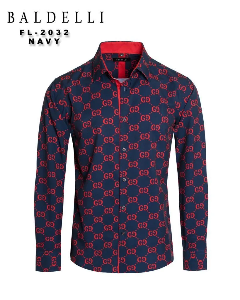 Navy Blue and Red GG Men's Fashion Design Long Sleeve Shirt