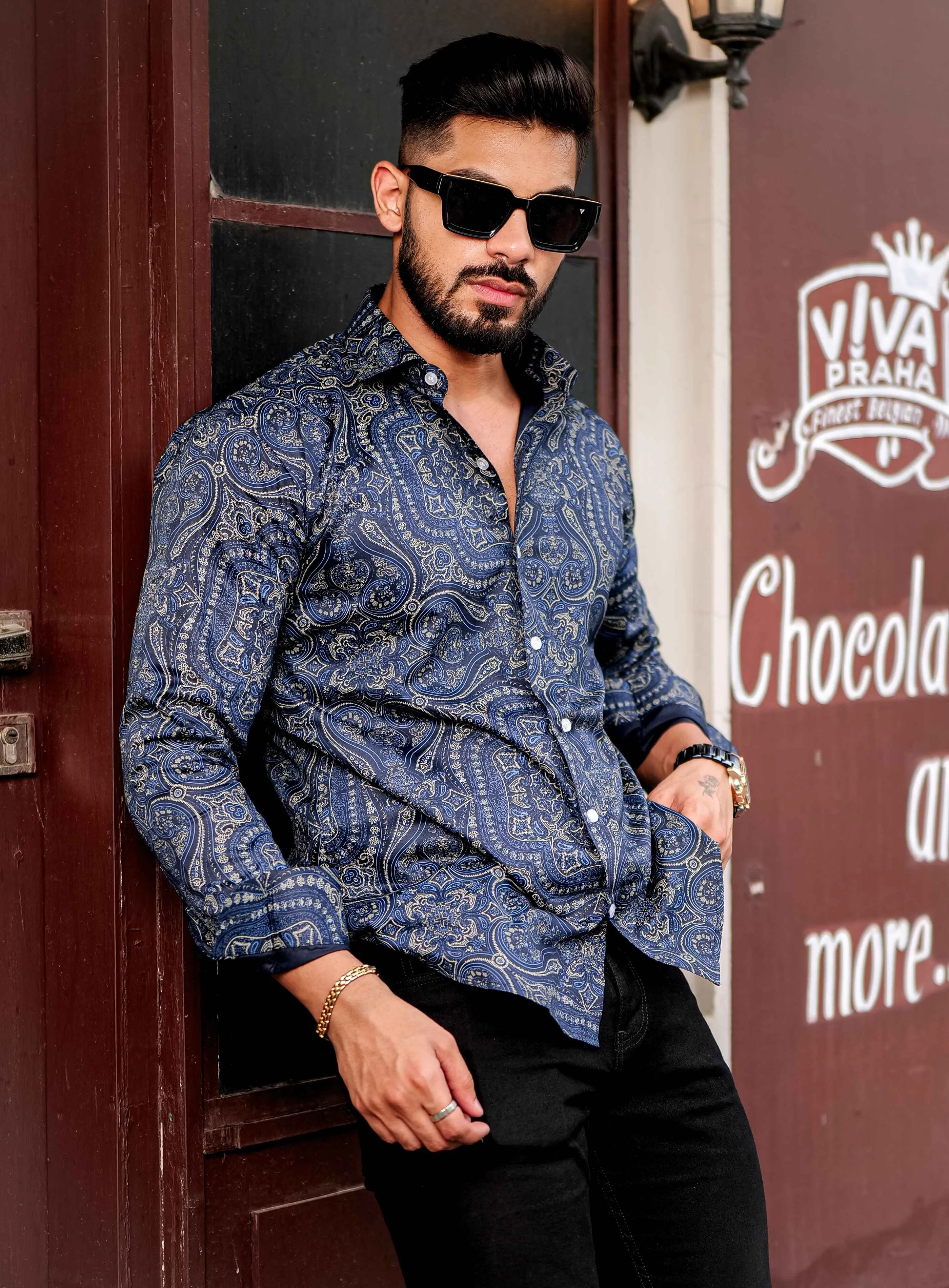 Navy Satin Print Premium Shirt