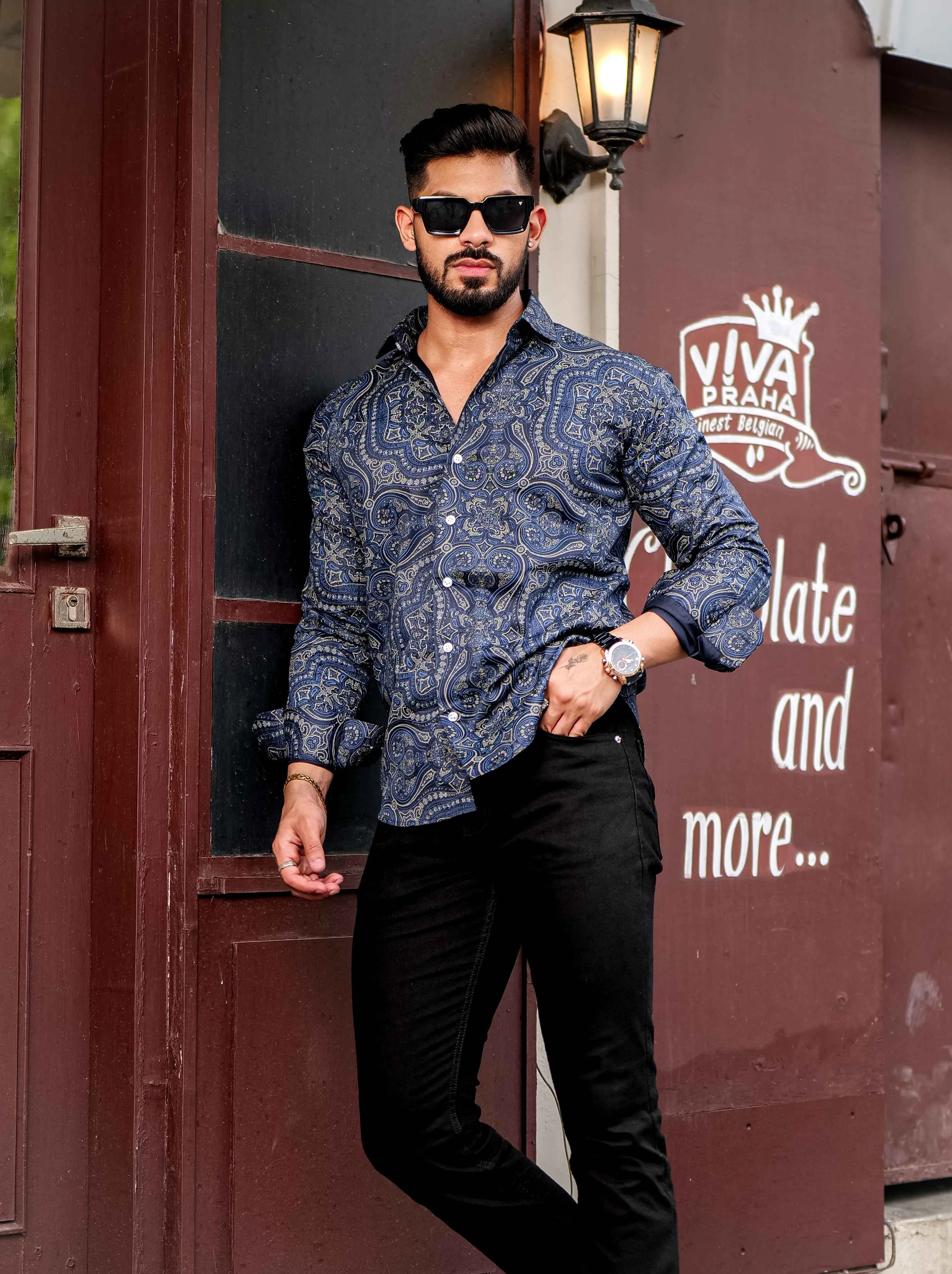 Navy Satin Print Premium Shirt