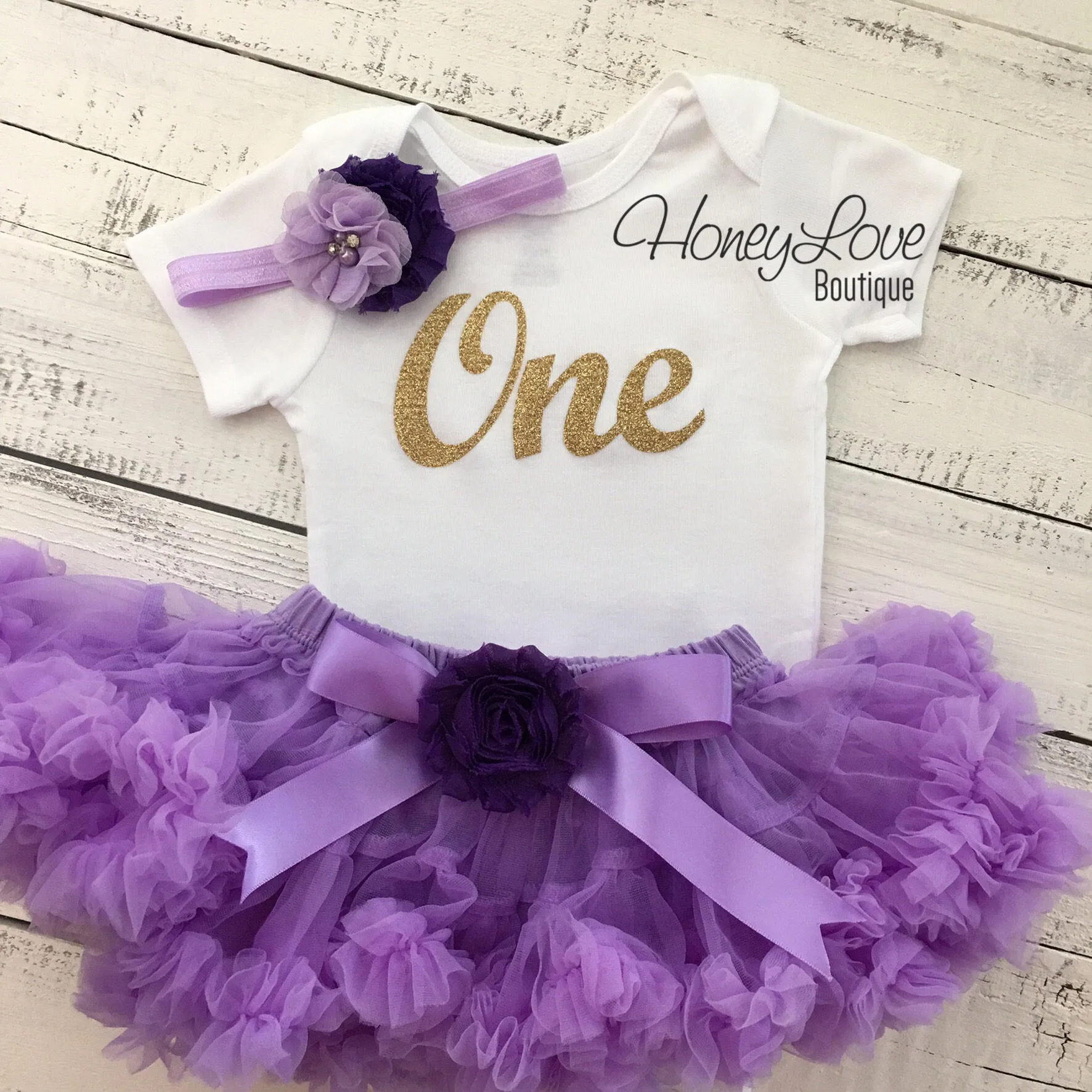 One - Birthday Outfit - Lavender Purple and Silver/Gold Glitter - embellished grape flower pettiskirt