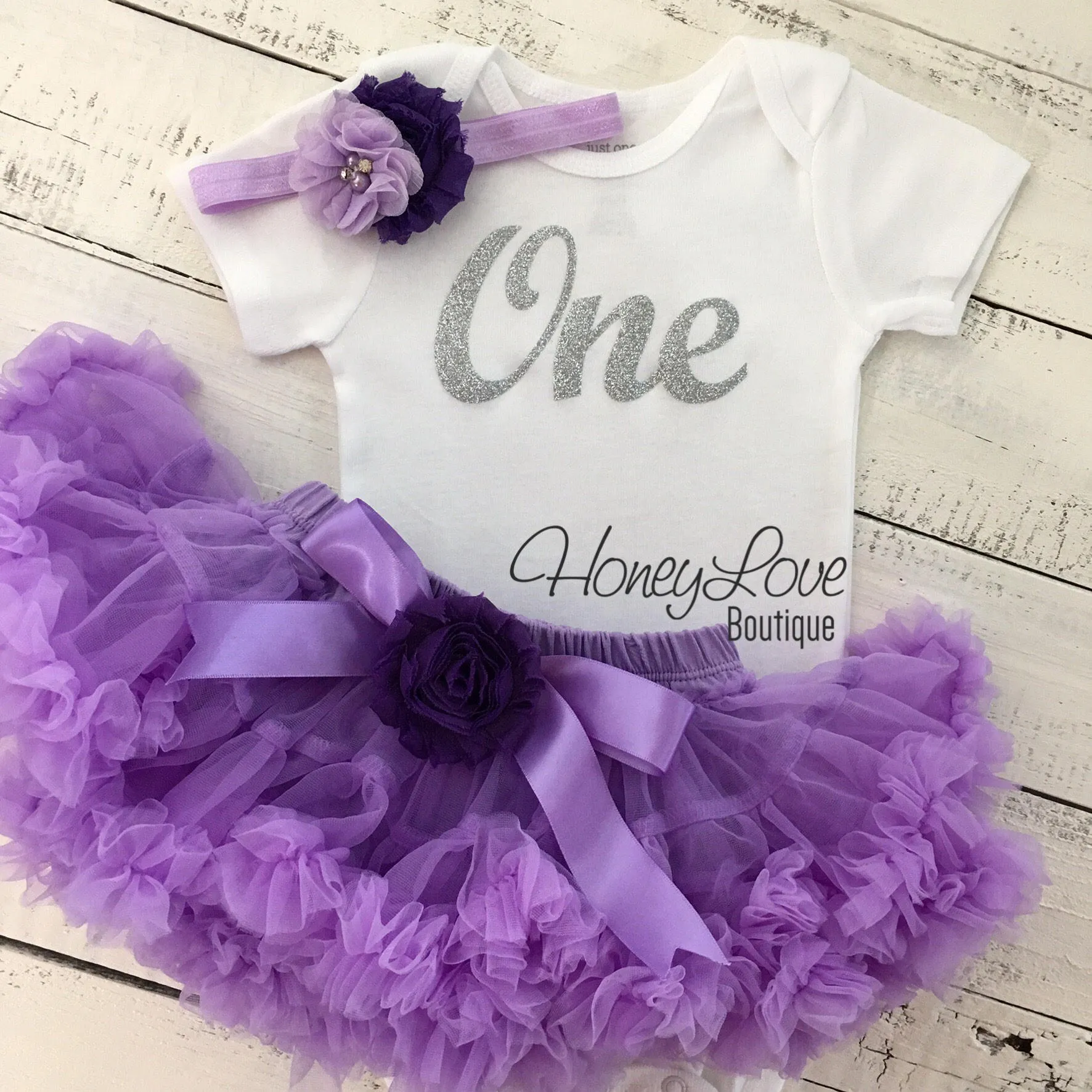 One - Birthday Outfit - Lavender Purple and Silver/Gold Glitter - embellished grape flower pettiskirt